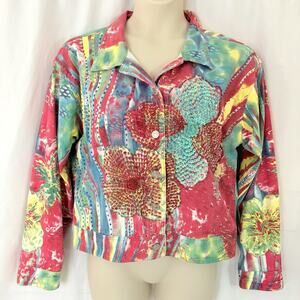 Vtg Kokomo Embellished Sequin Beaded Cotton Button Up Jacket Floral Women's XL